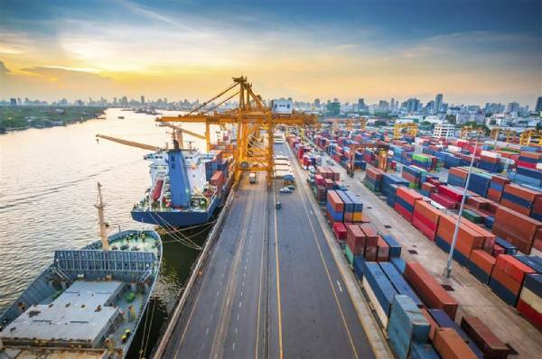 Commercial vessels and containers at a busy port
