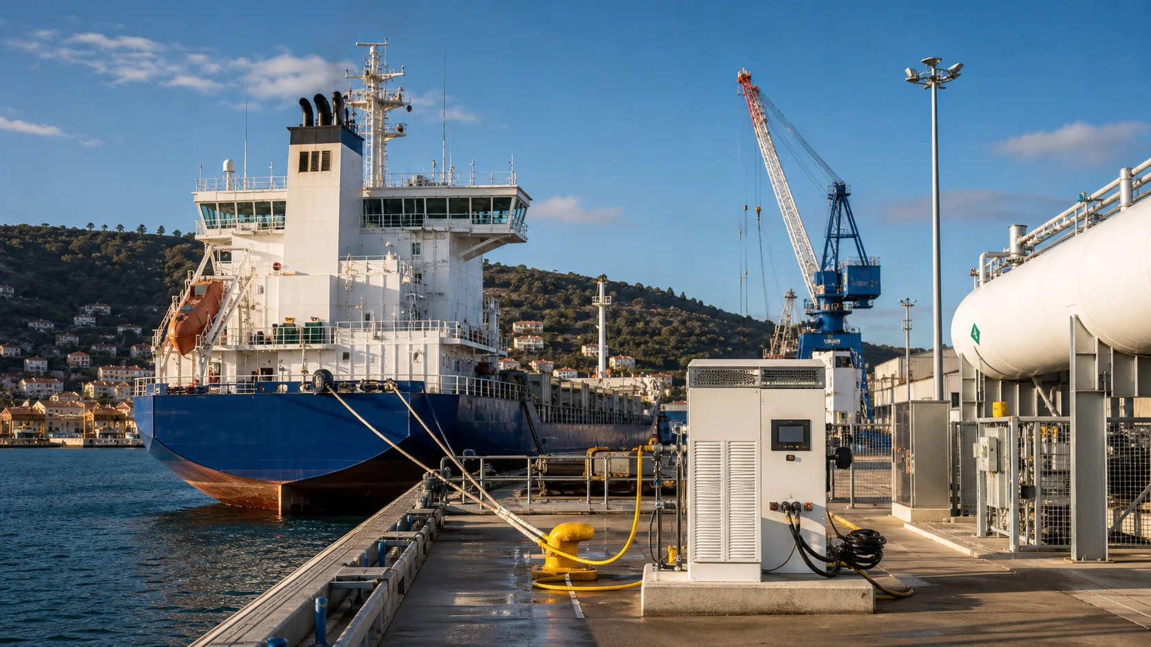 Commercial vessel berthed beside clean-energy port infrastructure