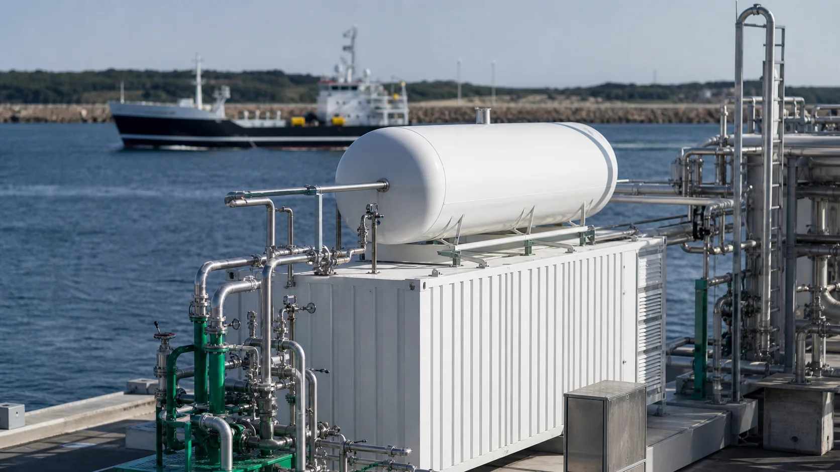 Maritime hydrogen supply infrastructure at an industrial waterfront