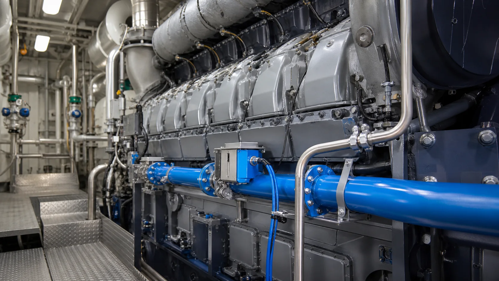 Marine engine room with integrated hydrogen control hardware