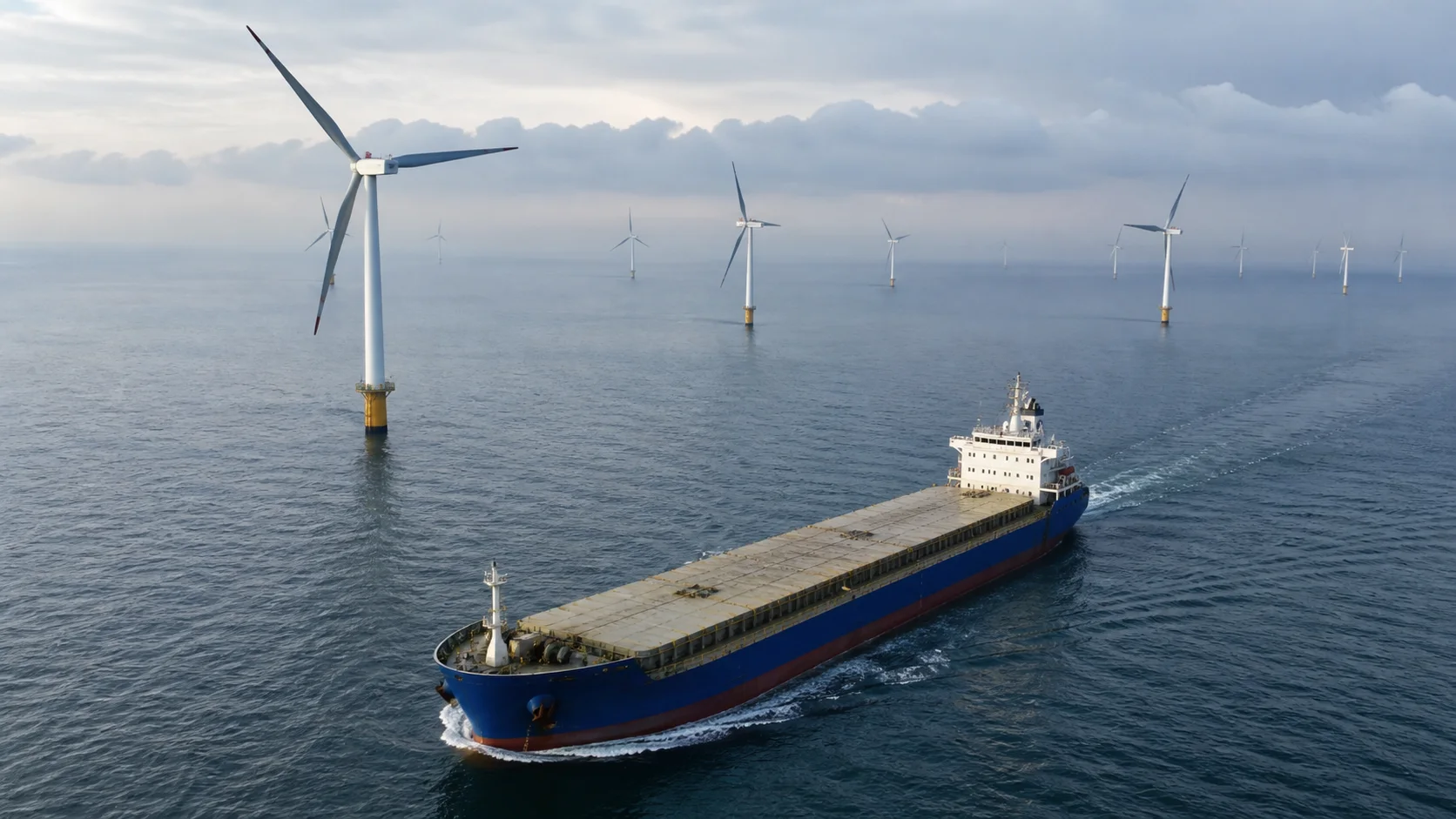 Commercial cargo vessel sailing through an offshore wind farm
